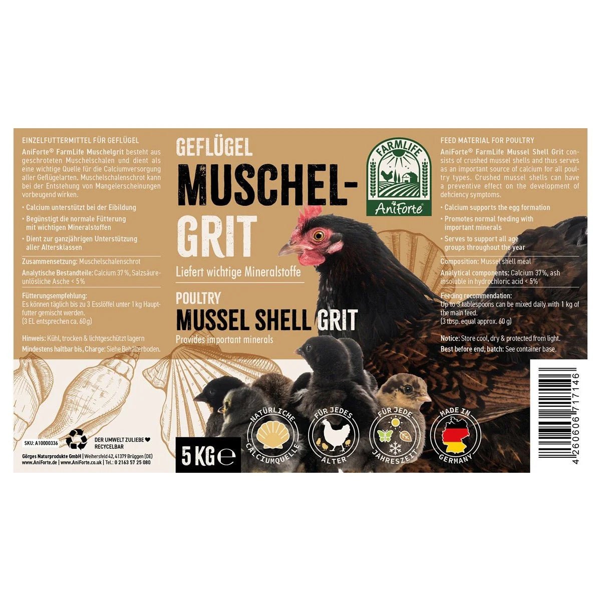 AniForte® FarmLife Mussel Shell Grit 5kg - For Poultry - AniForte UK