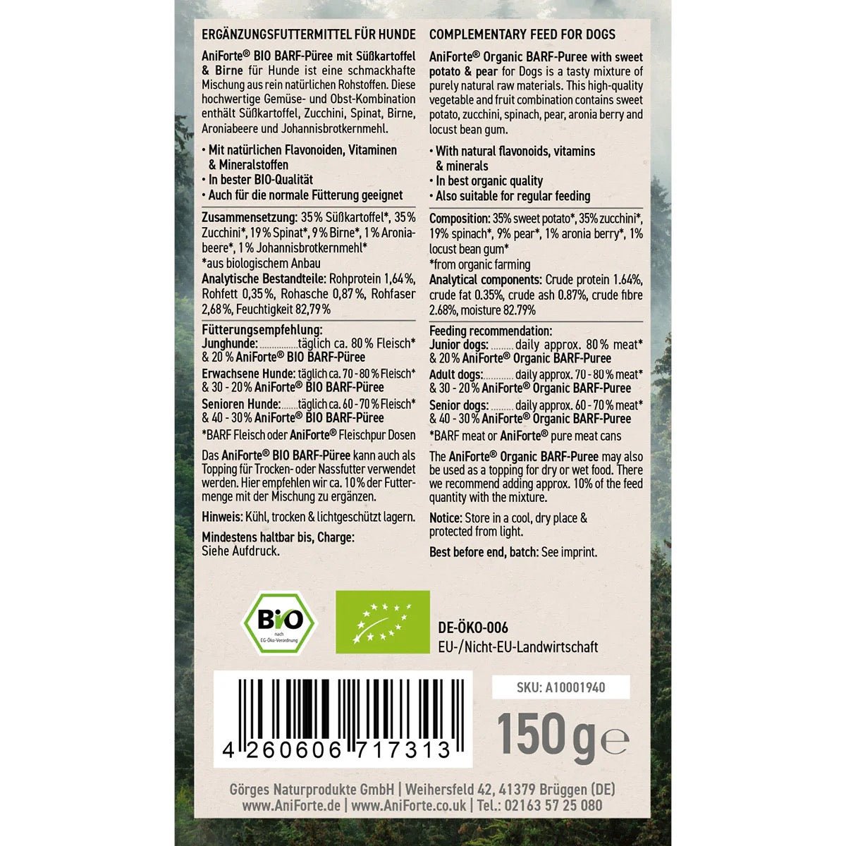 AniForte® Organic BARF Puree Sweet Potato & Pear 150g - AniForte UK