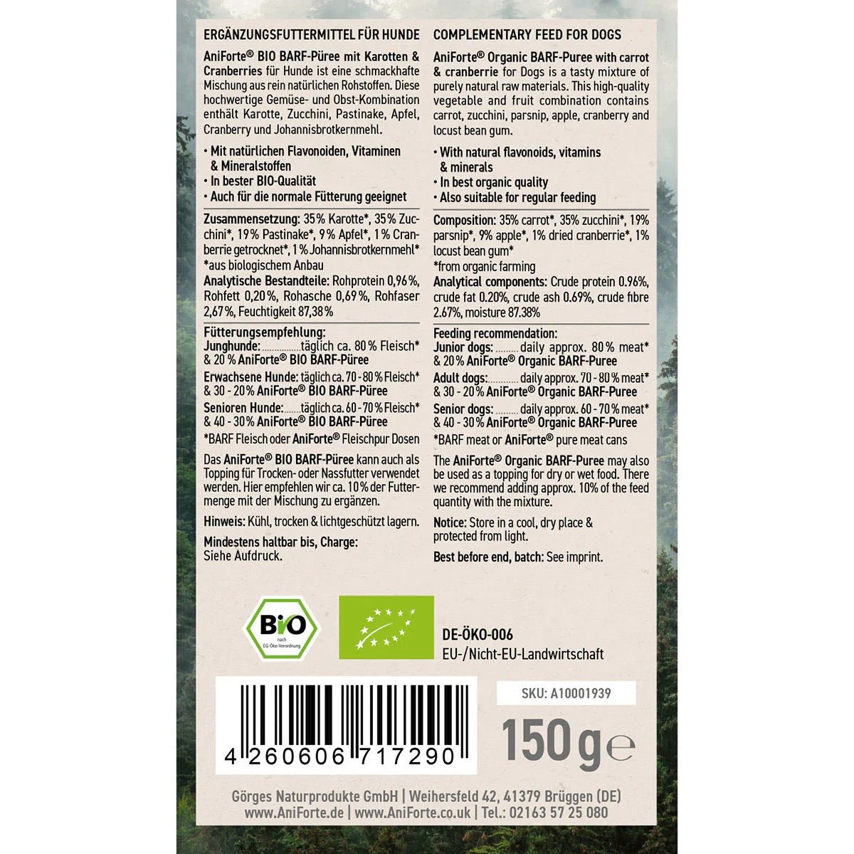 AniForte® Organic Puree Carrot & Cranberry 150g - AniForte UK