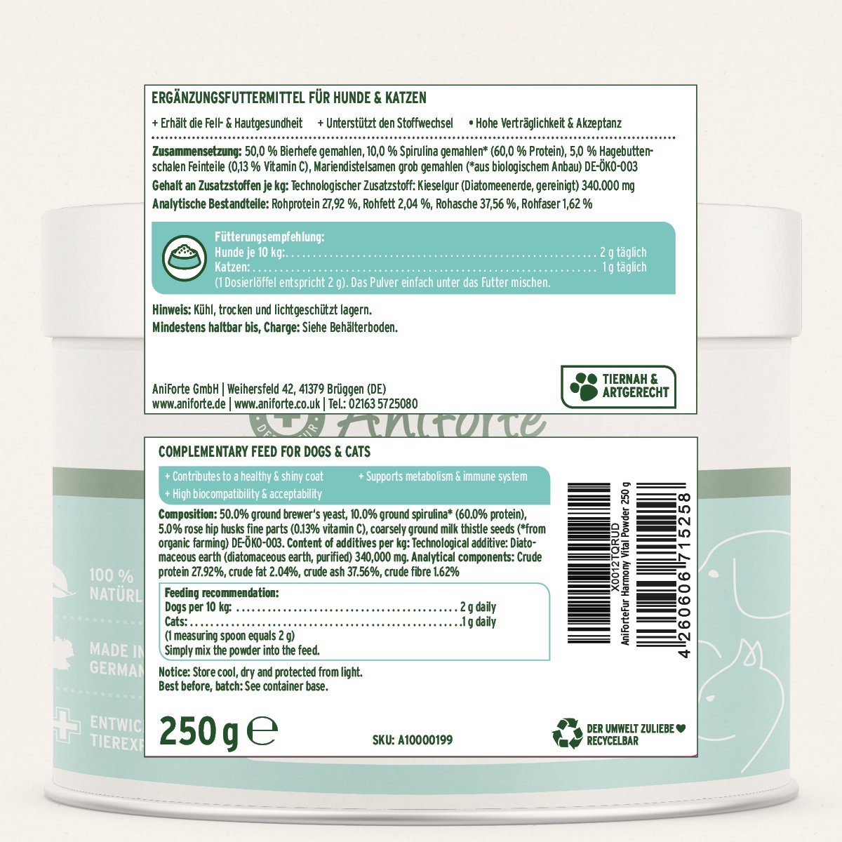 Fur Harmony Vital Powder 250g - Natural Skin & Coat Supplement - AniForte UK