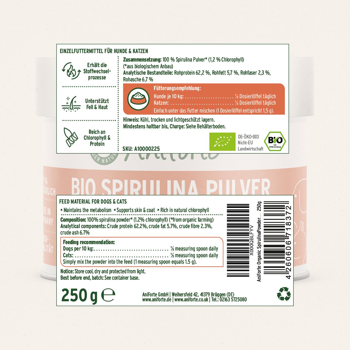 Organic Spirulina Platensis Algae Powder - 250g - AniForte UK