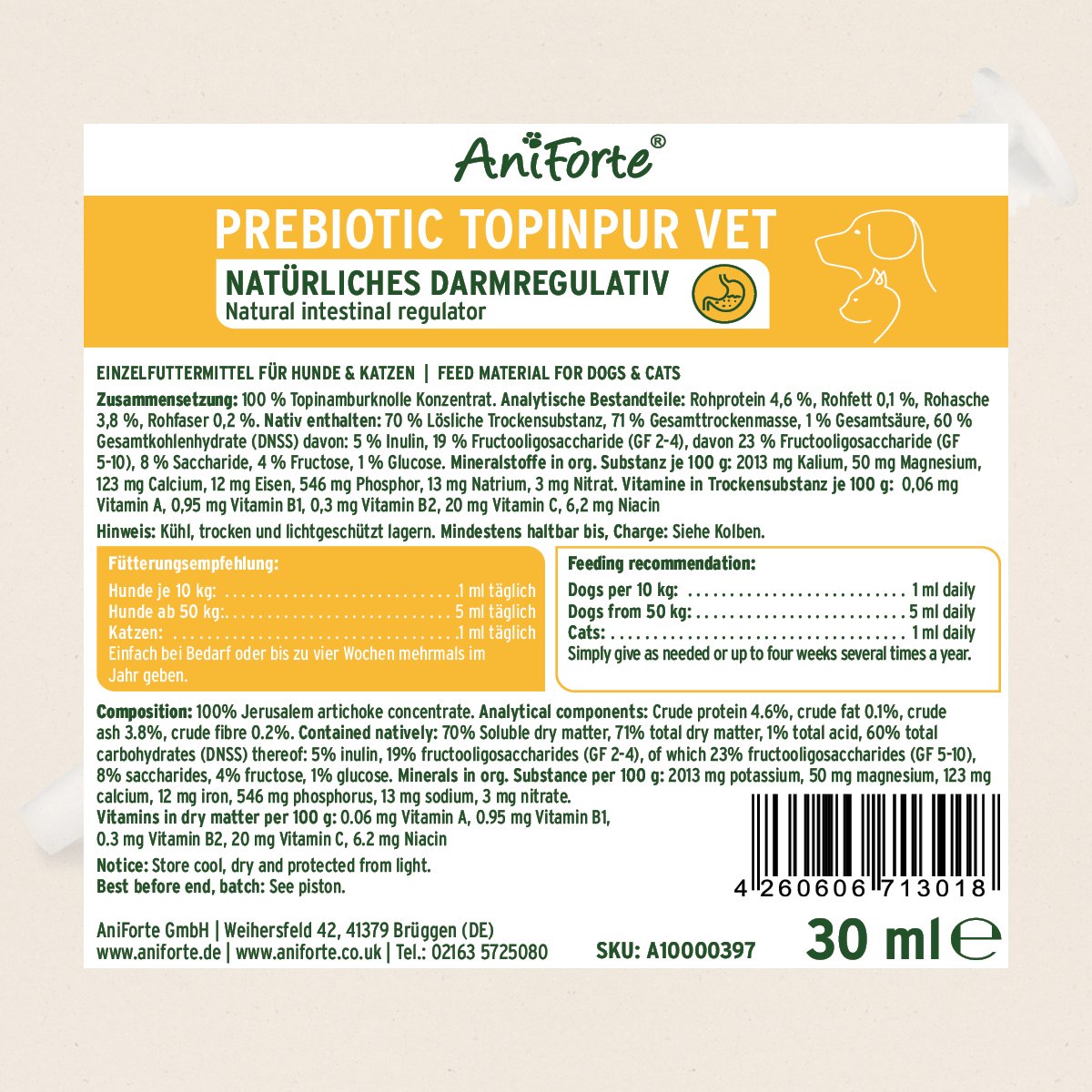 Prebiotic Jerusalem Artichoke Concentrate for Cats and Dogs - 30 ml - Natural intestinal regulator - AniForte UK